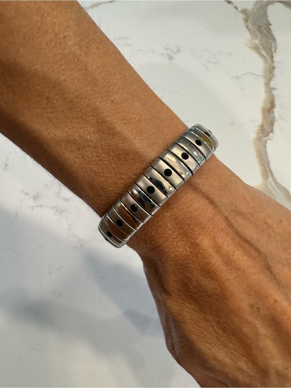 Silver Tone Stretch Link Bracelet Black Crystal Accents Minimalist Unisex
